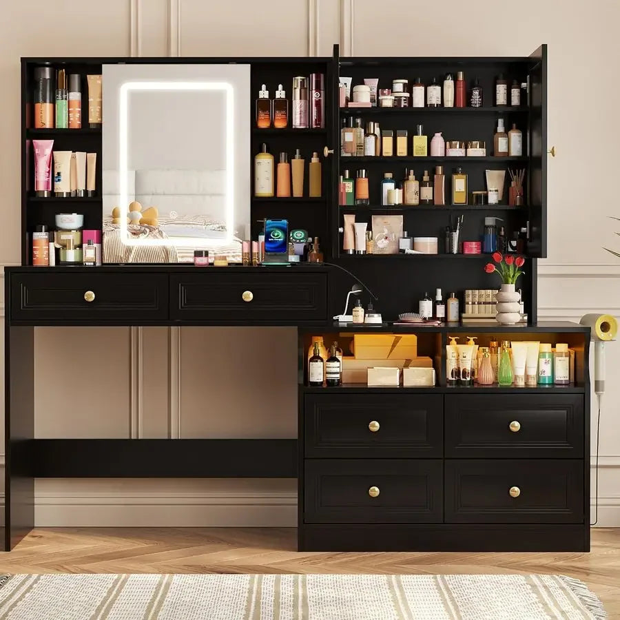 58.6 Large Vanity Desk with Sliding Mirror amp Lights, Black Makeup Vanity Table amp Nightstand Combo with Power Outlet and 6 D