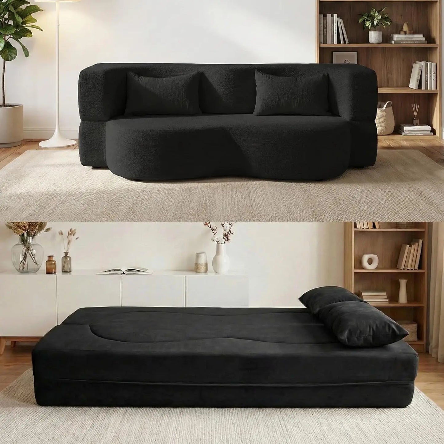 Queen Convertible Sofa Bed 2-in-1 Teddy Fabric Folding Floor Couch Mattress Living Room Guest Room No Assembly Pink, Customized