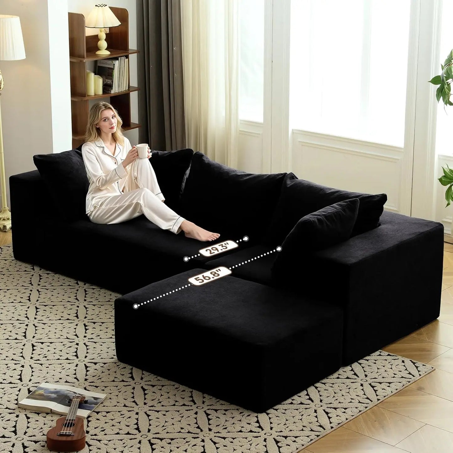 Modern L-Shaped Sectional Sofa with Deep Seat, No Assembly Required, Black - Perfect for Living Room, Bedroom, Office