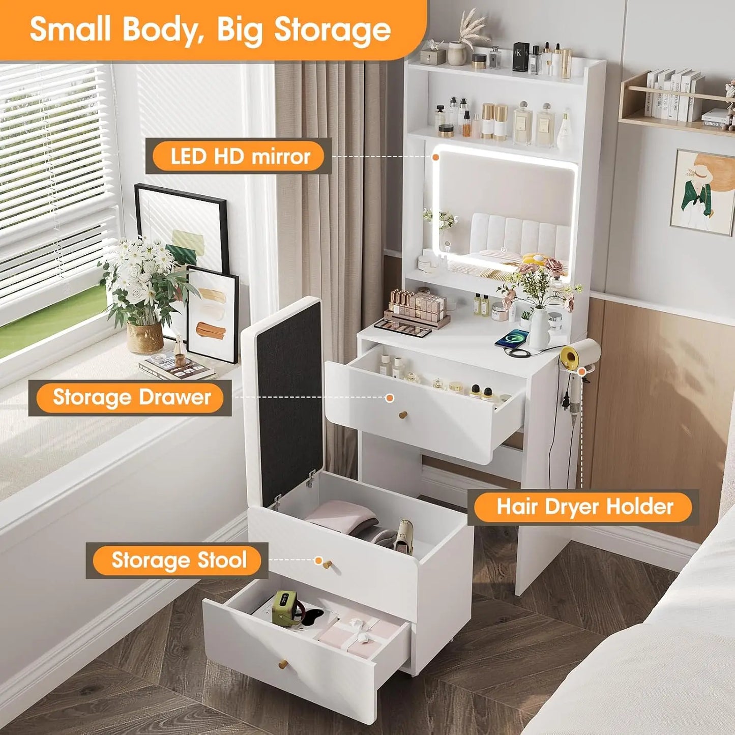 White Vanity Desk with Mirror & Lights Charging Station Small Makeup Table Bedroom, Customized
