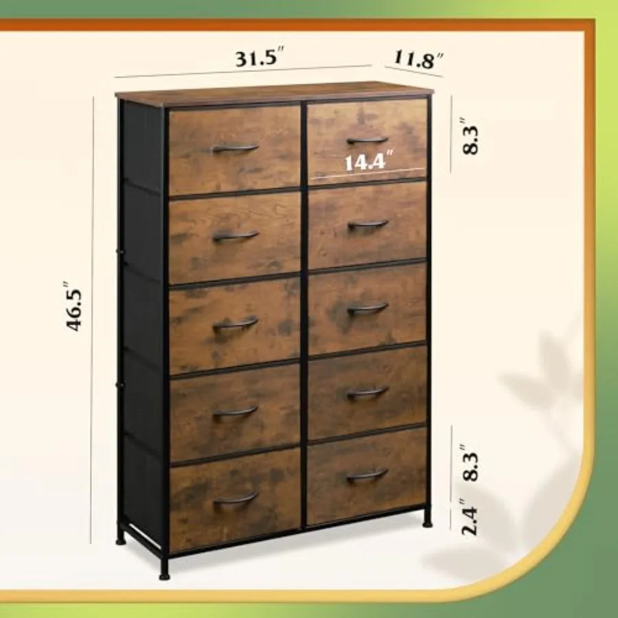 Tall Dresser for Bedroom with 10 Drawers, Fabric Dresser for Closet, Storage Tower with Cabinet, Metal Frame