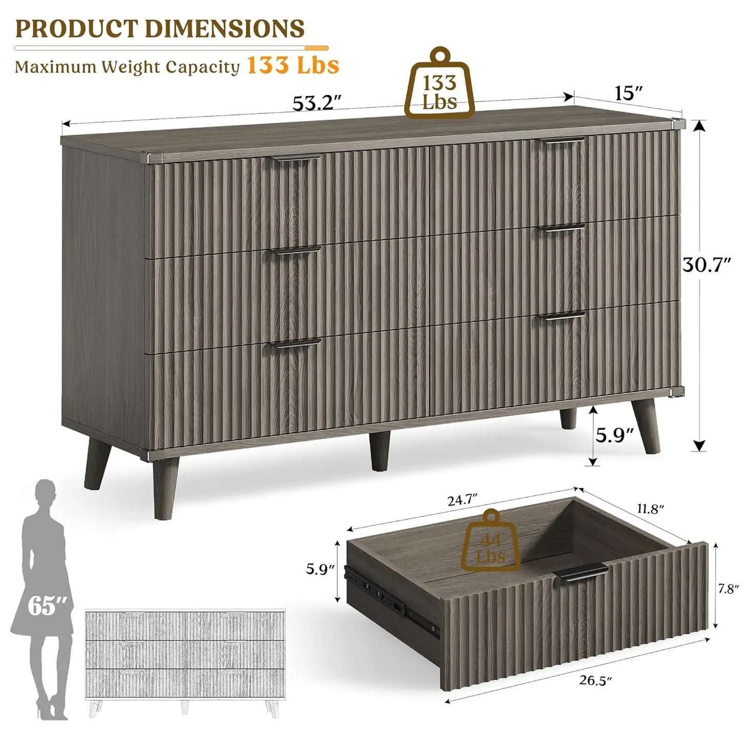 6-Drawer Fluted Wood Dresser Storage Organizer for Bedroom Living Room Closet Hallway 53.2in Dark Grey Oak, Customized
