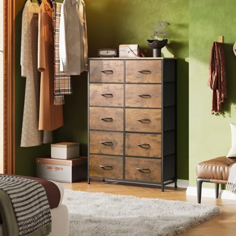 Tall Dresser for Bedroom with 10 Drawers, Fabric Dresser for Closet, Storage Tower with Cabinet, Metal Frame