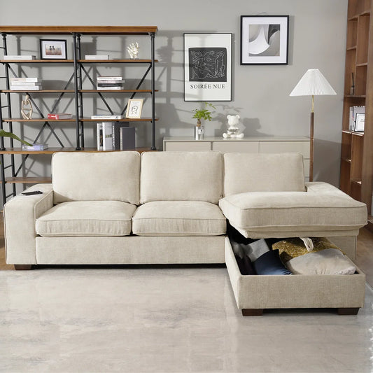 100" Sectional Sofa with Storage Chaise, Oversized L-Shaped Couch, Large Modern Chenille Sofa 3 Seater with USB Type-C Ports