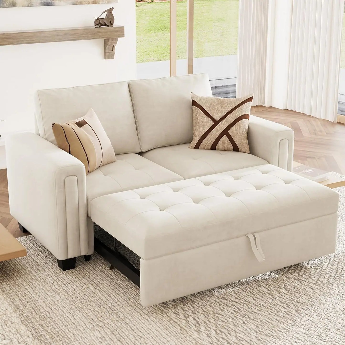Modular Sectional Sleeper Sofa Pull Out Bed Velvet Living Room Apartment Beige, Custom
