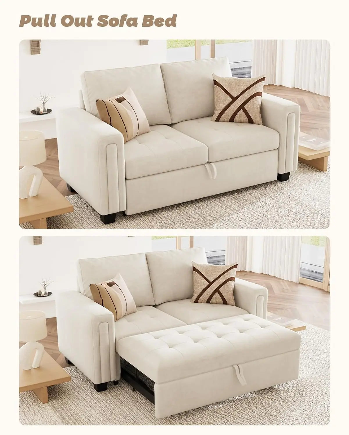 Modular Sectional Sleeper Sofa Pull Out Bed Velvet Living Room Apartment Beige, Custom