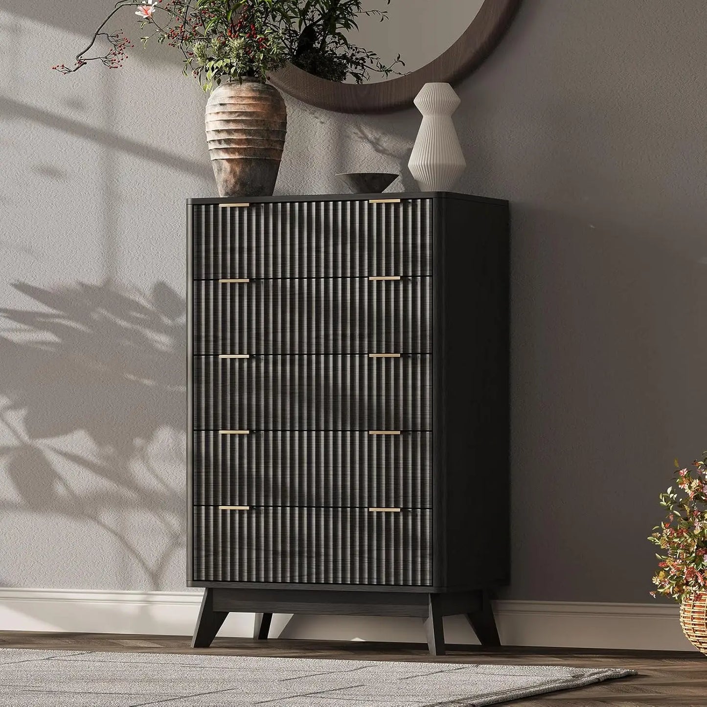 63'' Wide 9 Drawer Dresser Modern Fluted Vertical Chest Rounded Corners Bedroom Living Room Hallway Natural Wood, Customized