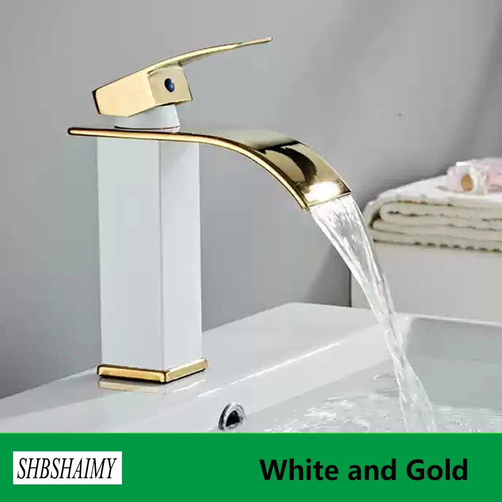 Brushed Gold Bathroom Basin Faucet Deck Mounted Waterfall Sink Faucet Cold Hot Water Mixer Single Handle Single Hole Water Taps