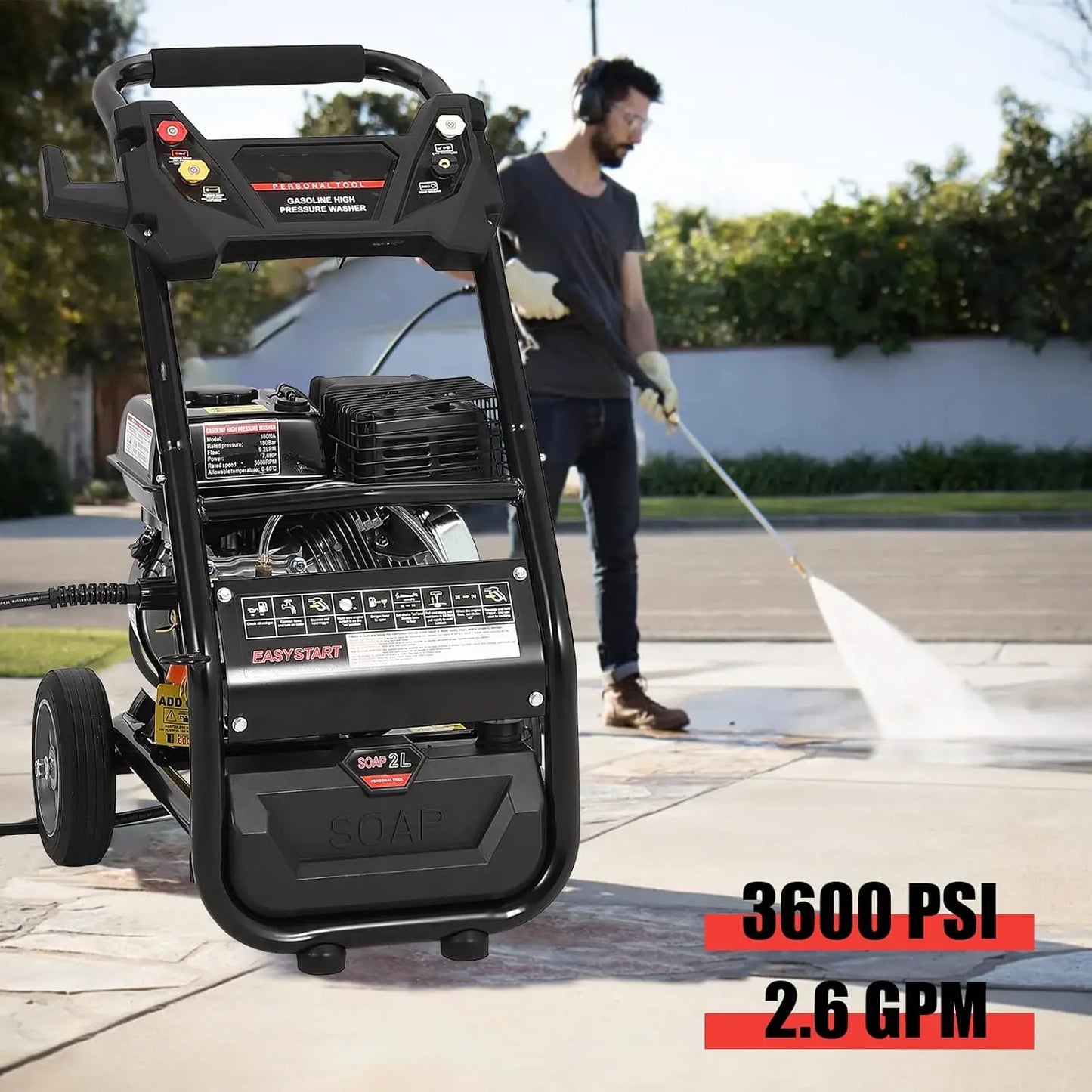 Gas Pressure Washer 3600PSI, 2.6GPM Gas Power Washer, High Pressure Wash Machine with Spray Gun,Hose&5 Quick Nozzle for Cleaning