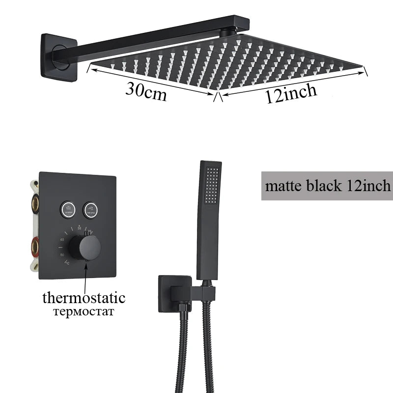 2/3 Way Black In Wall System Faucet For Bathe Bathroom Mixer Tap Rainfall 8/10/12/16inch Concealed Shower Faucet System Tap