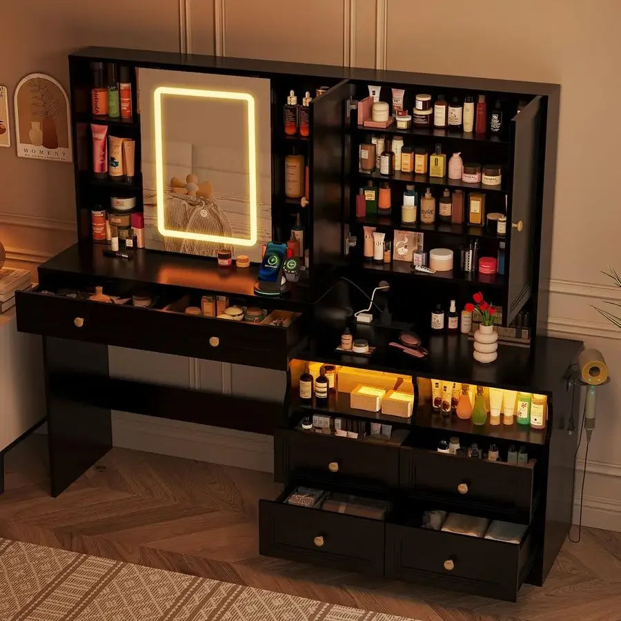 58.6 Large Vanity Desk with Sliding Mirror amp Lights, Black Makeup Vanity Table amp Nightstand Combo with Power Outlet and 6 D