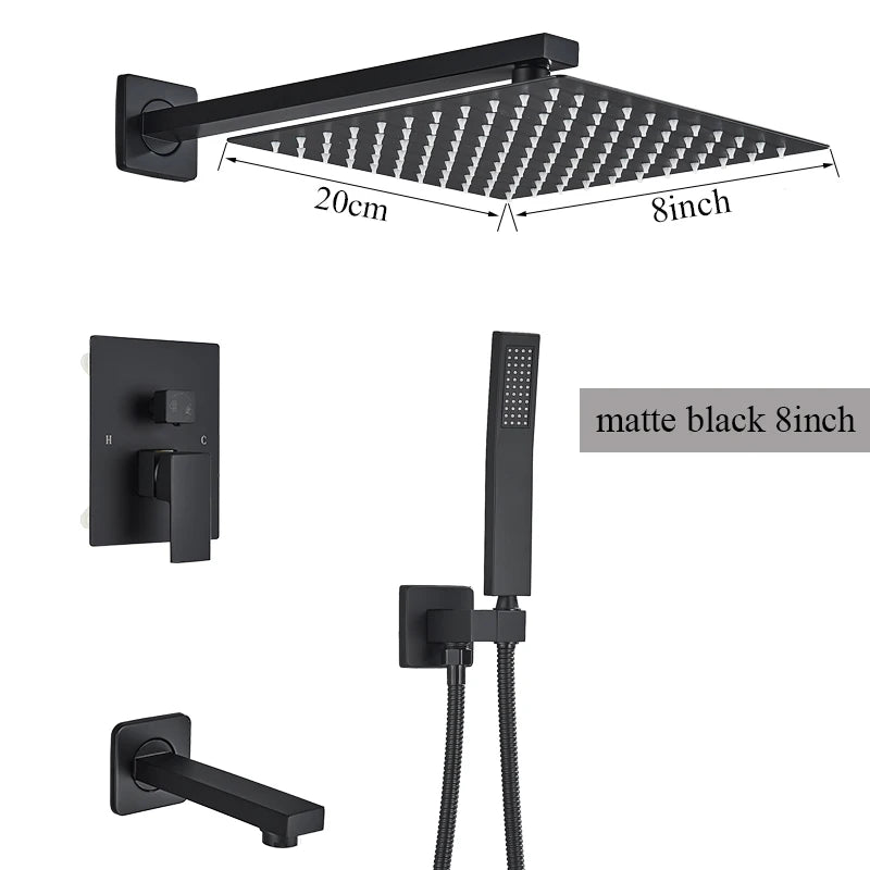 2/3 Way Black In Wall System Faucet For Bathe Bathroom Mixer Tap Rainfall 8/10/12/16inch Concealed Shower Faucet System Tap