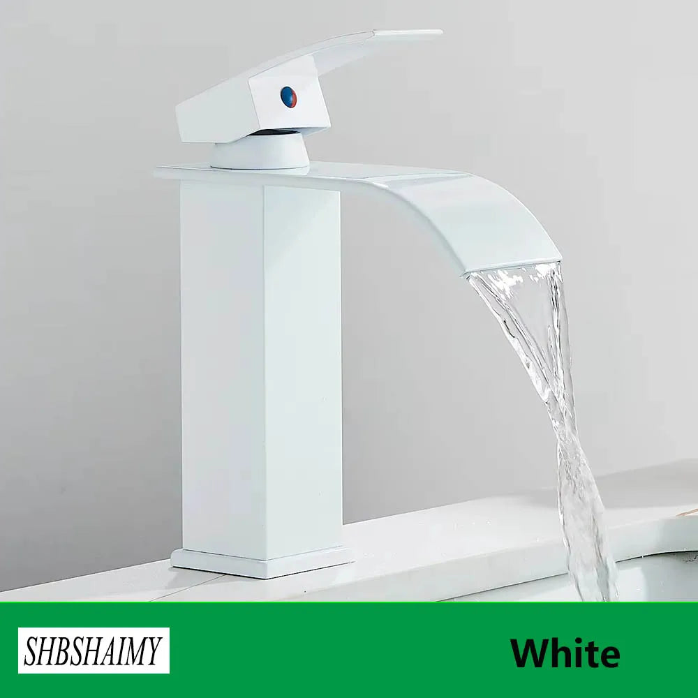 Brushed Gold Bathroom Basin Faucet Deck Mounted Waterfall Sink Faucet Cold Hot Water Mixer Single Handle Single Hole Water Taps
