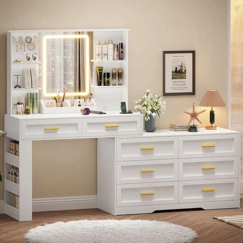 Lighted Mirror Makeup Vanity Table with Power Outlet and Storage, White