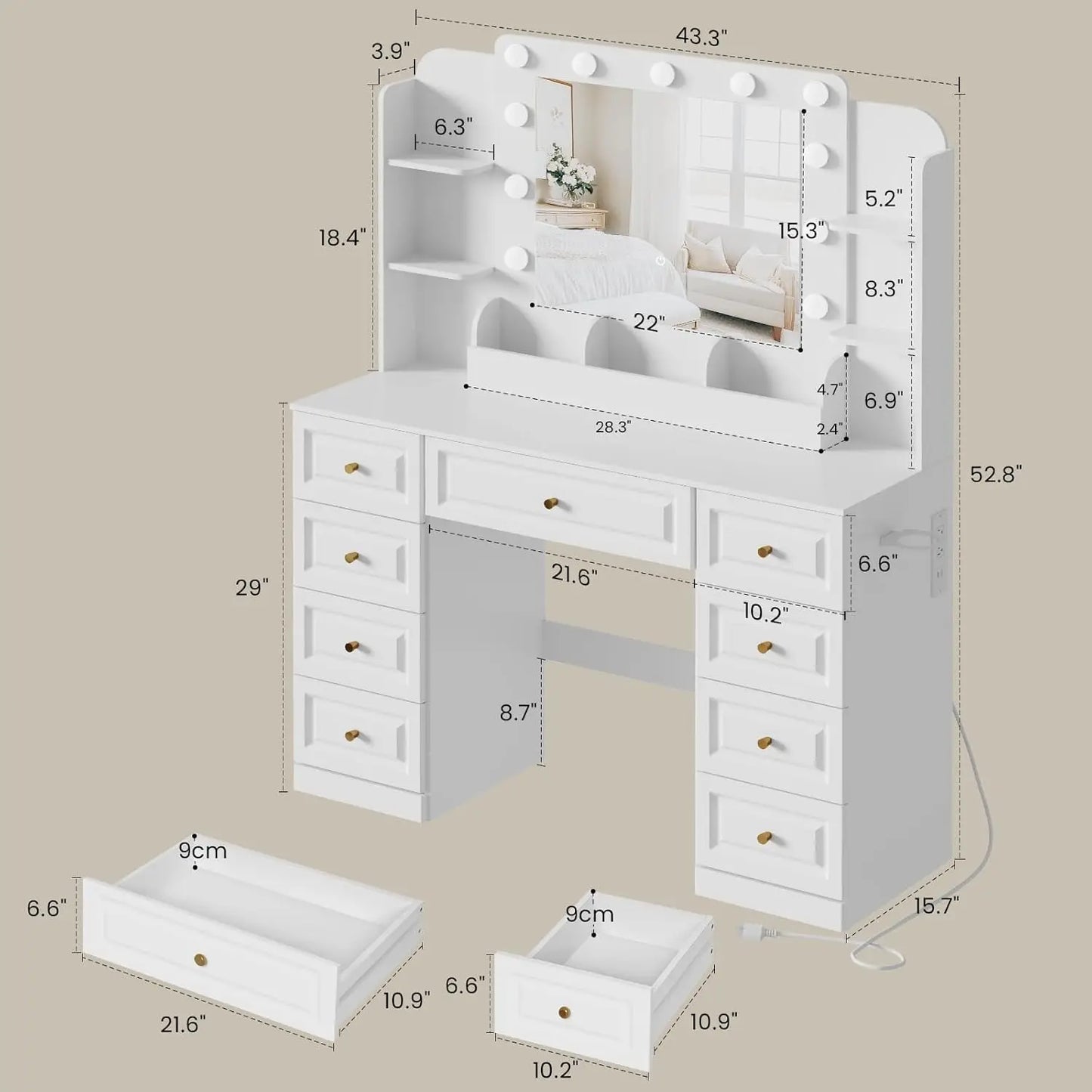 Vanity Desk with LED Light Mirror & Power Outlet, VanityTable with 9 Drawers, Modern Luxury Large Makeup Vanity, 3 Color Modes