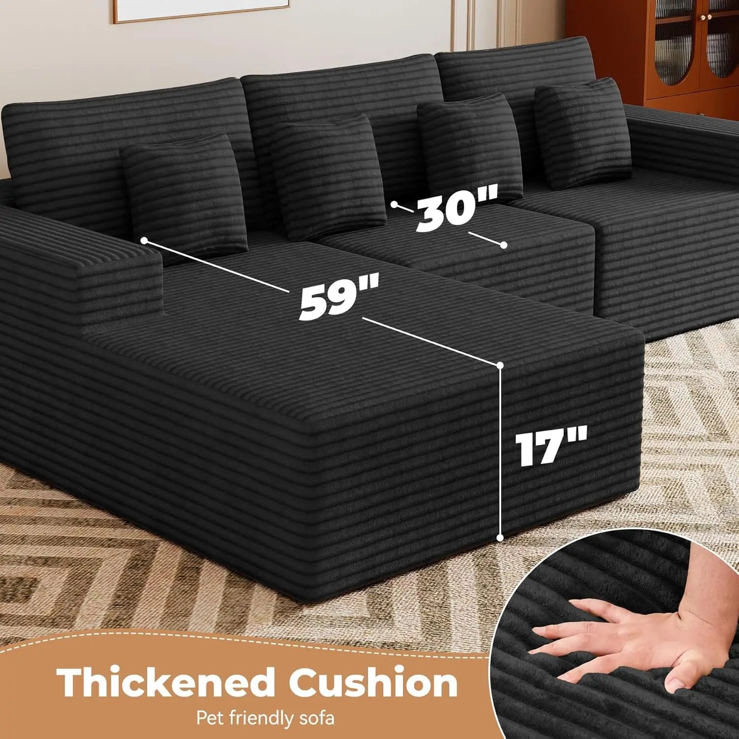 111‘’ Modular Sectional Cloud Couches with L Shaped Chaise, Upholstered Deep Seat Boneless Sofa for Living Room,, Customized