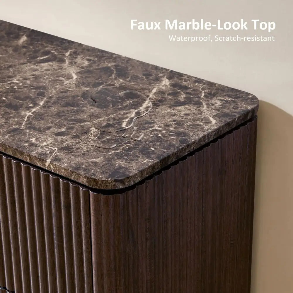 for Bedroom with 6 Drawers, 54W Chest of Drawers, Fluted Dresser with Faux Marble Top, Curved Profile Design, Metal Handle, Woo