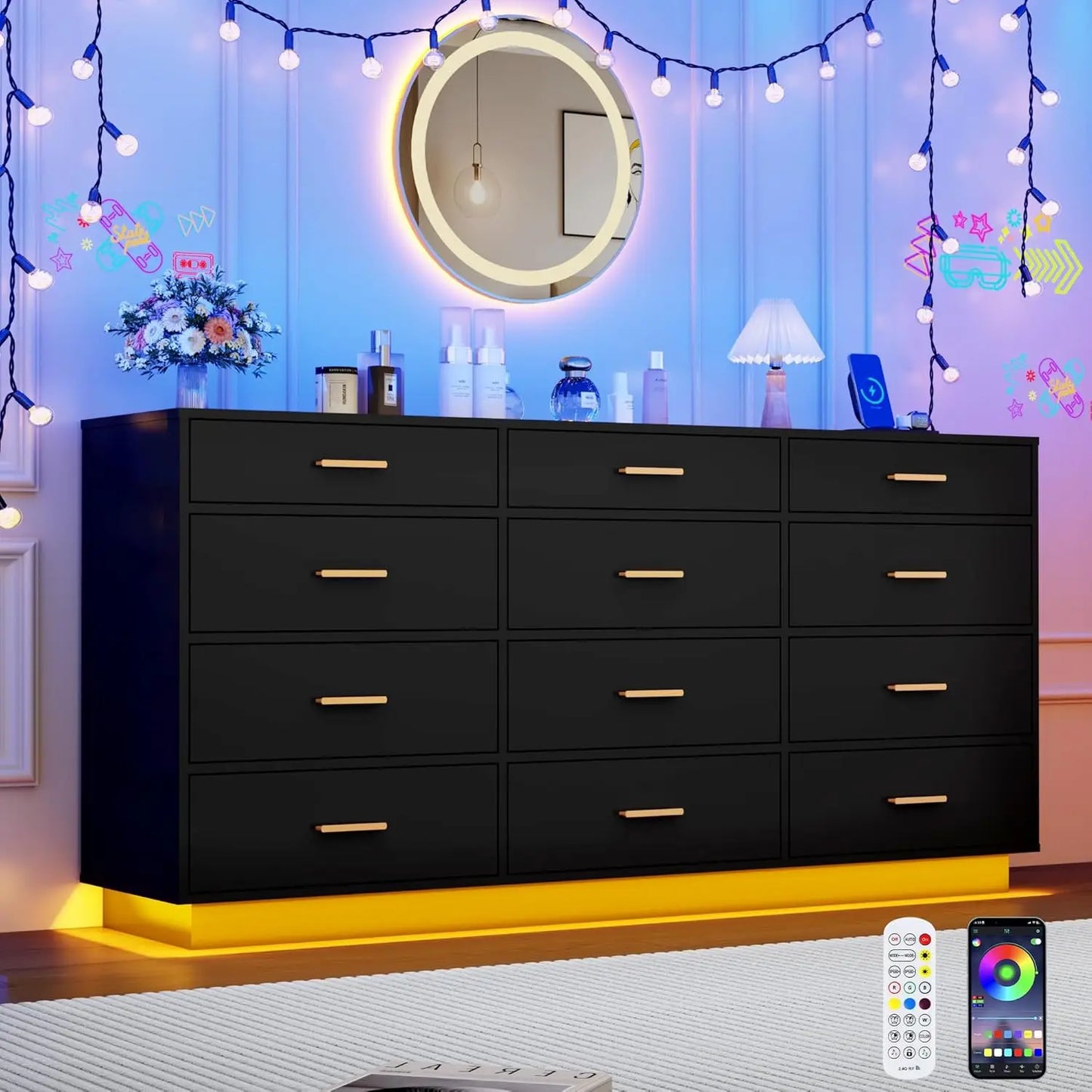 12 Drawer Dresser with Power Outlets LED Lights 63inch Tall Wood Storage for Bedroom Closet, Customized
