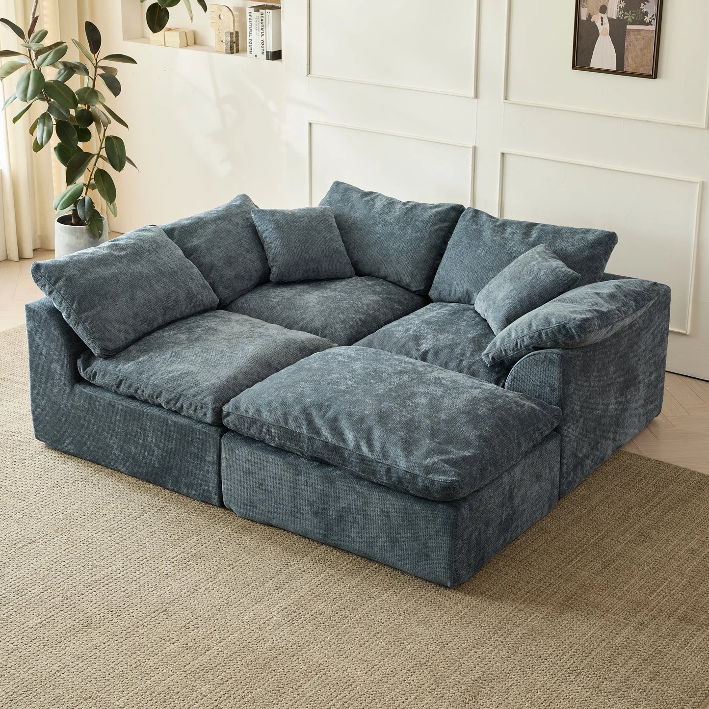 Yeflixvrau Modern Cloud L-Shaped Chenille Sectional Sofa With Ottoman