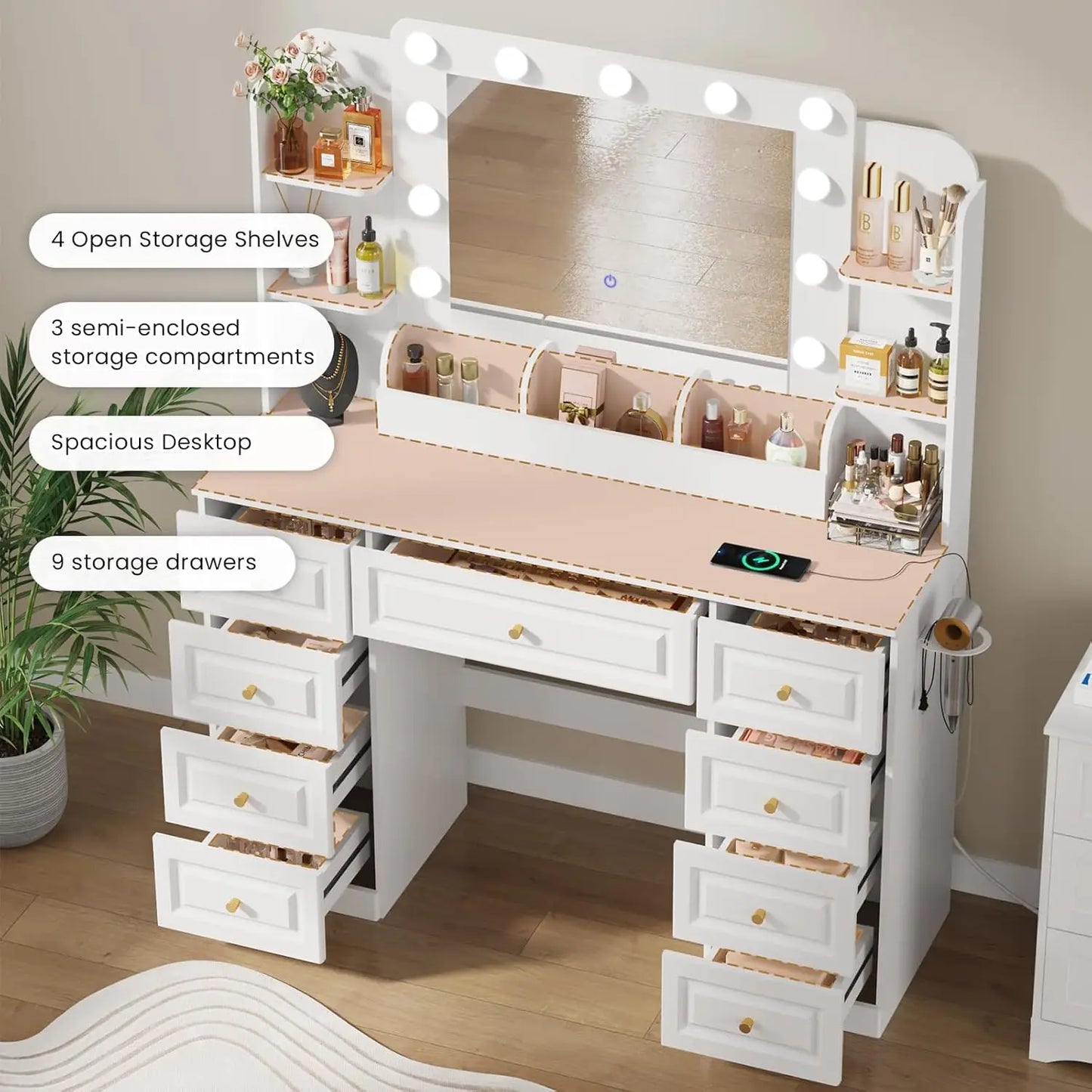 Vanity Desk with LED Light Mirror & Power Outlet, VanityTable with 9 Drawers, Modern Luxury Large Makeup Vanity, 3 Color Modes