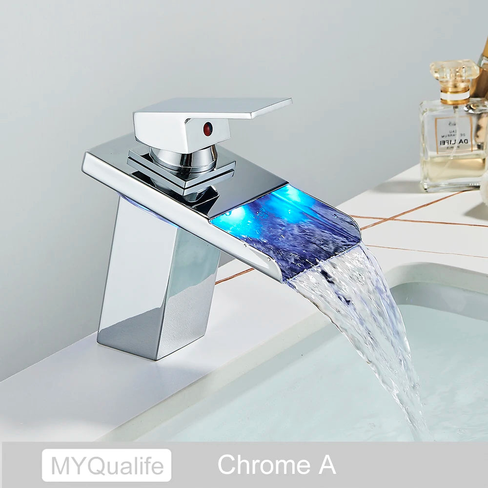 Luxury LED Color Changing Waterfall Basin Sink Faucet Single Handle Deck Mounted Hot and Cold Mixer Taps