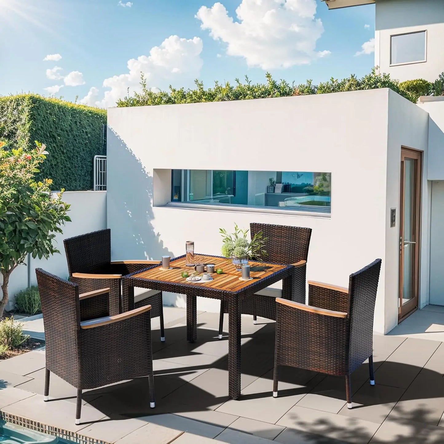 5-Piece Patio Dining Set with Wicker Chairs, Soft Cushions, and Wood Table Top for Backyard, Deck, Garden in Brown Rattan