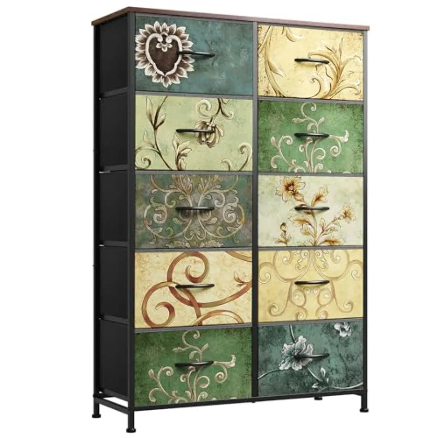 Tall Dresser for Bedroom with 10 Drawers, Fabric Dresser for Closet, Storage Tower with Cabinet, Metal Frame