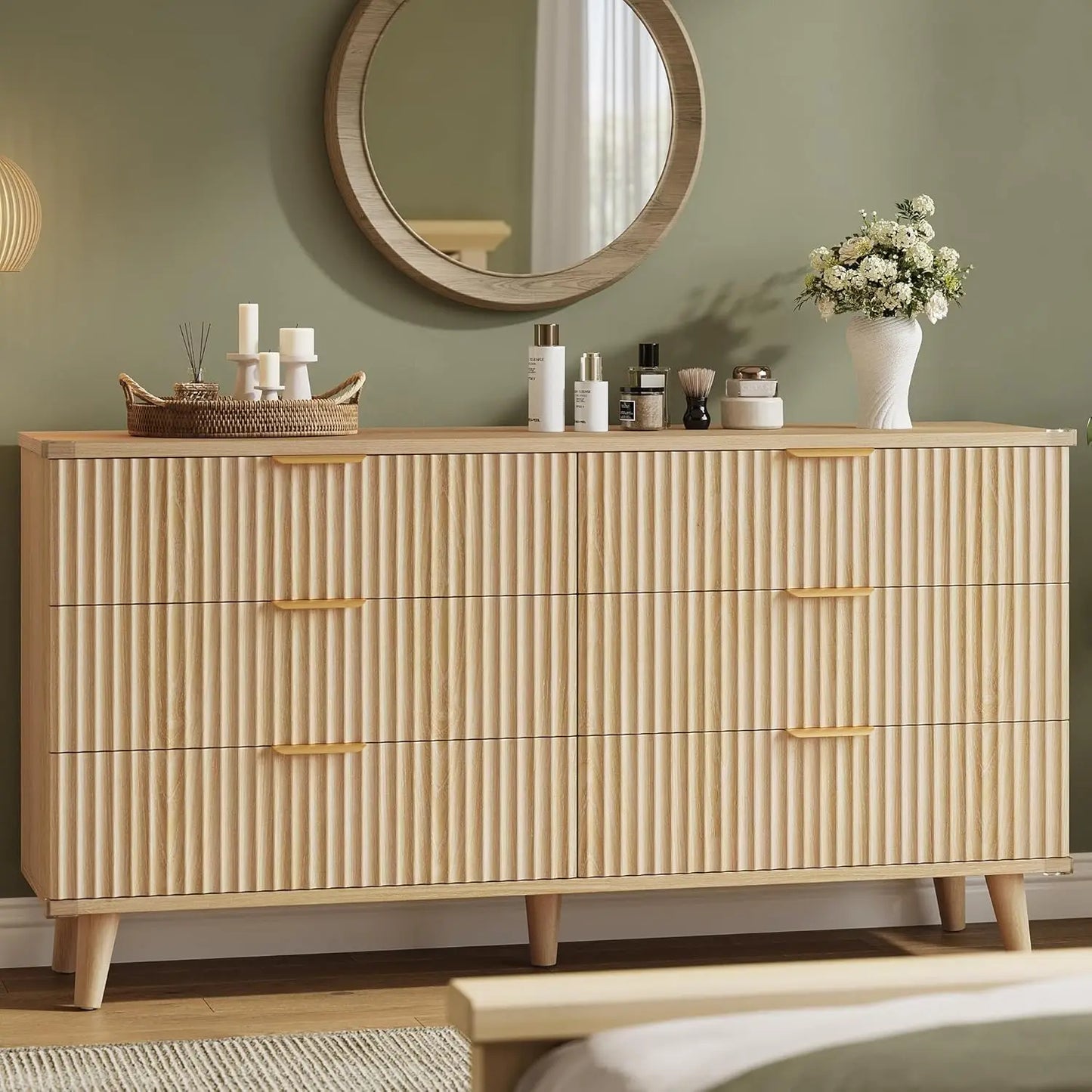 6-Drawer Fluted Wood Dresser Storage Organizer for Bedroom Living Room Closet Hallway 53.2in Dark Grey Oak, Customized