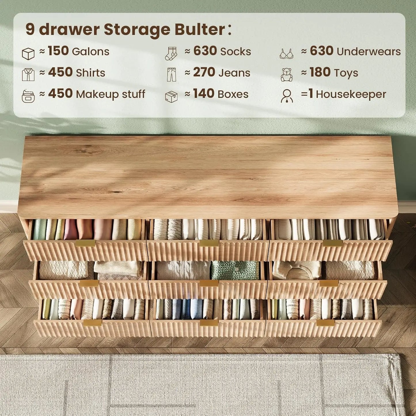 63'' Wide 9 Drawer Dresser Modern Fluted Vertical Chest Rounded Corners Bedroom Living Room Hallway Natural Wood, Customized