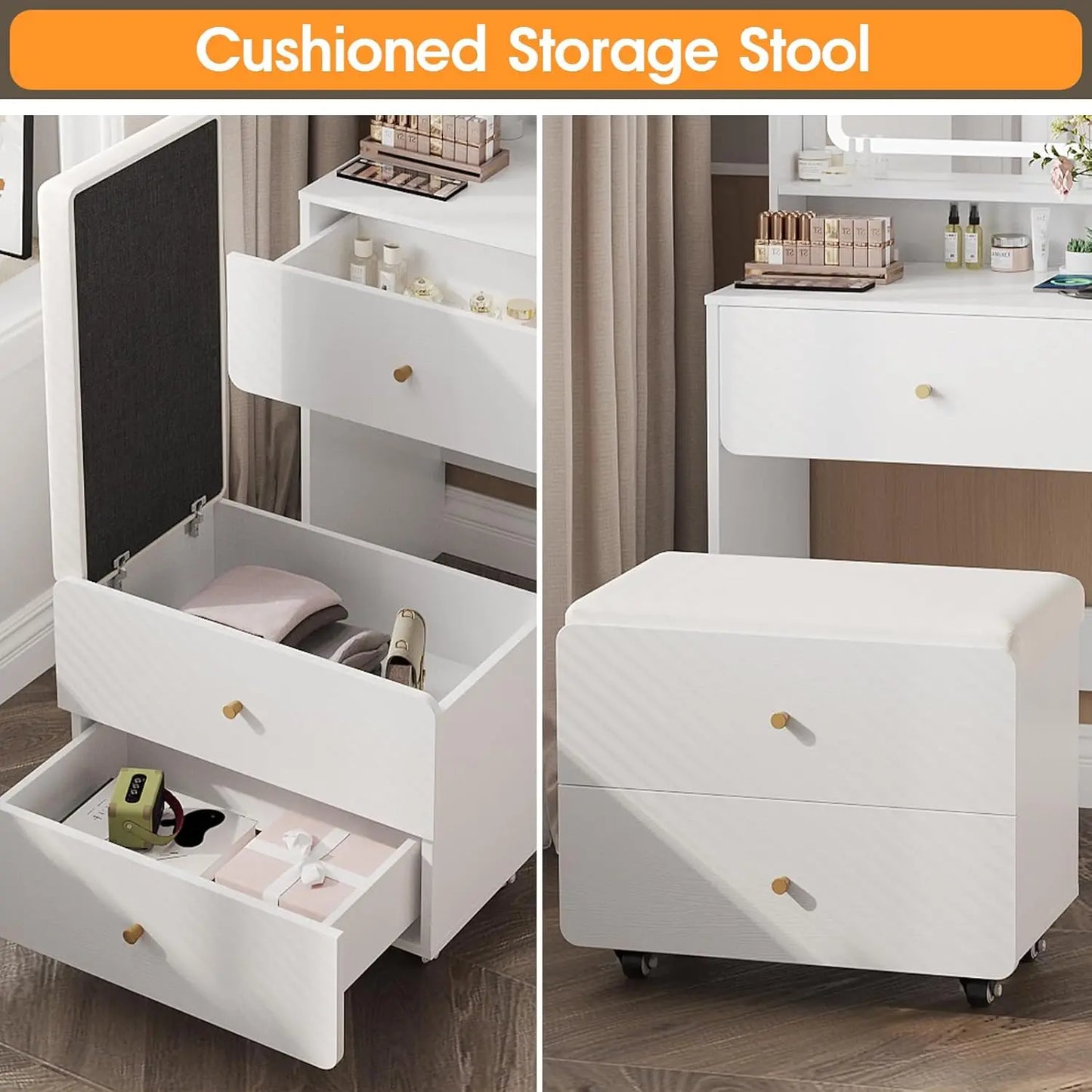 White Vanity Desk with Mirror & Lights Charging Station Small Makeup Table Bedroom, Customized