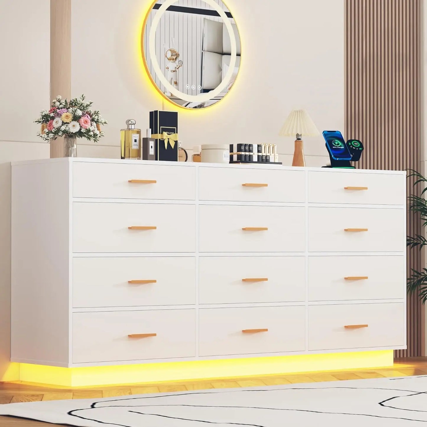 12 Drawer Dresser with Power Outlets LED Lights 63inch Tall Wood Storage for Bedroom Closet, Customized