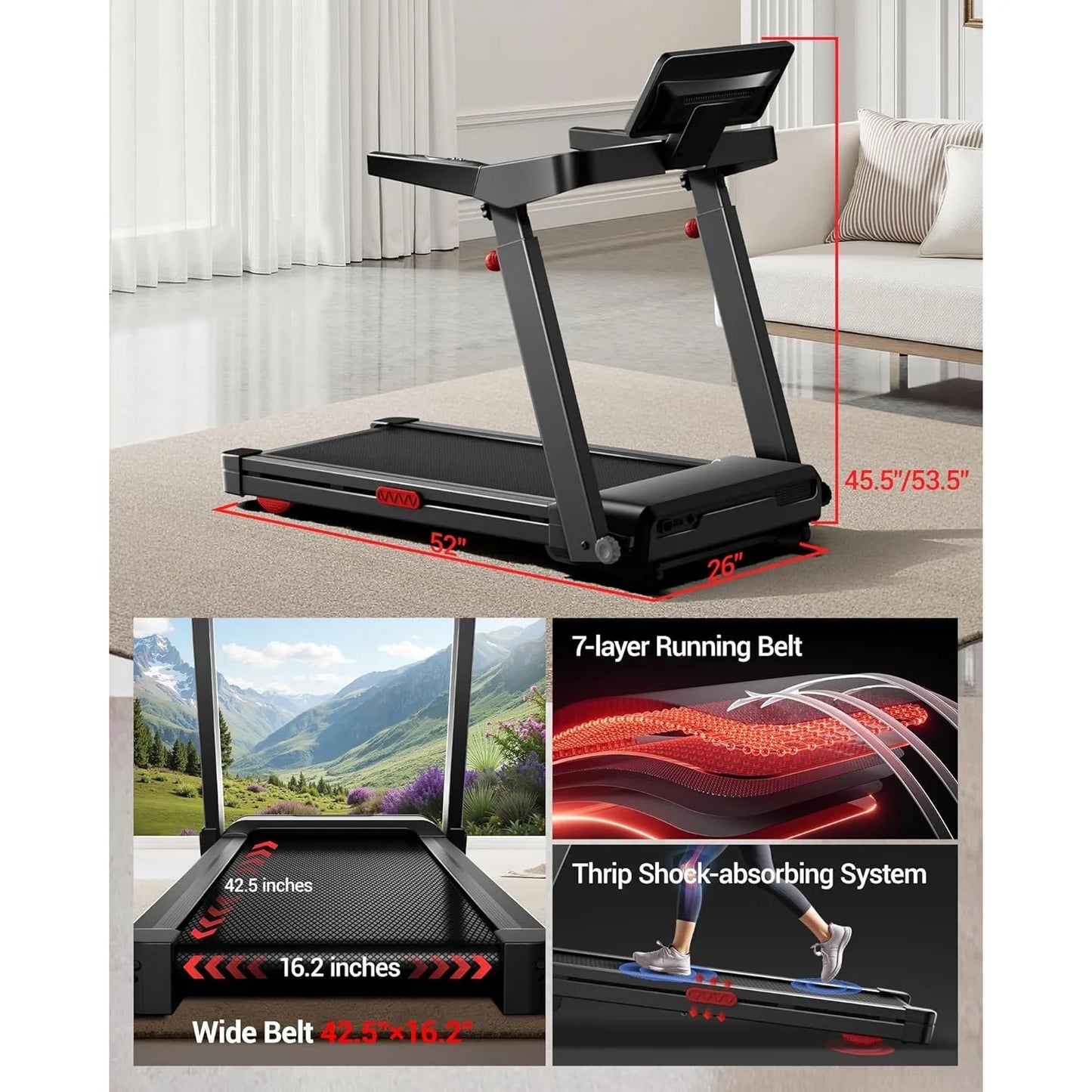 Fitness Treadmill with 20% Auto Incline, 42.5"×16.2" Extra-Wide Running Area, 400LB Capacity, 3.5HP Quiet Brushless, Customized