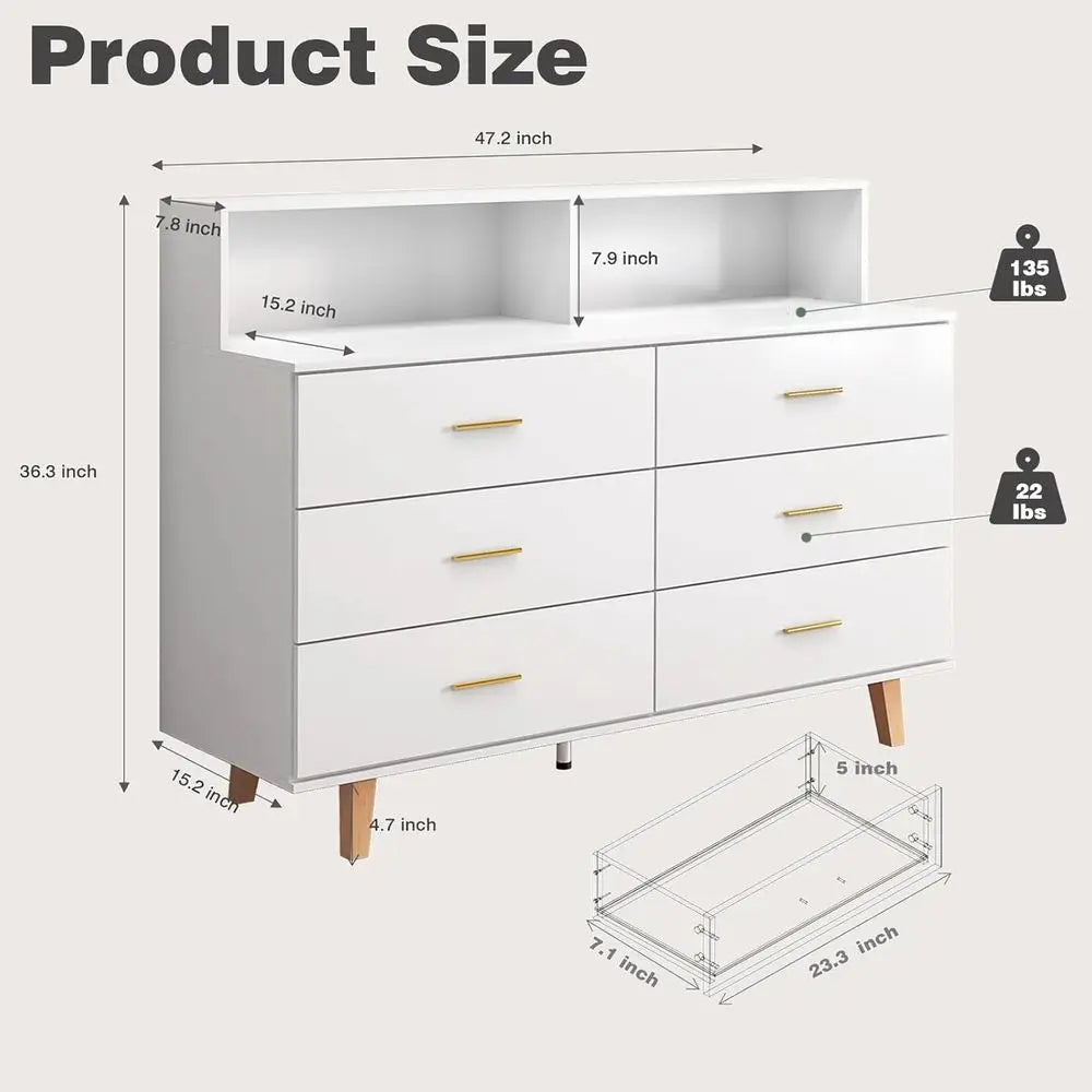 6 Drawer Dresser with LED Light and Power Outlet, Wooden White Dressers for Bedroom and Chests of Drawers, Large Double Dressers
