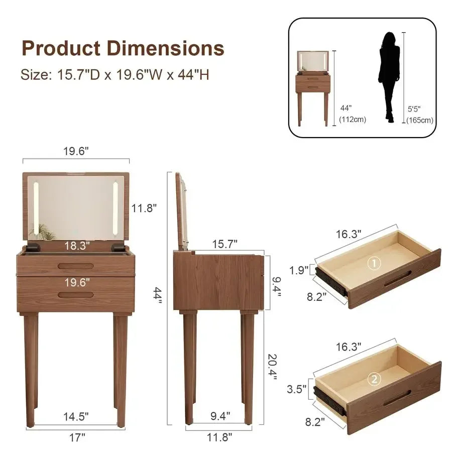 Wood Small Vanity Desk with Mirror and Lights, Narrow Makeup Vanity for Small Space, Flip Top Vanity Side Table, 3 Color Modes