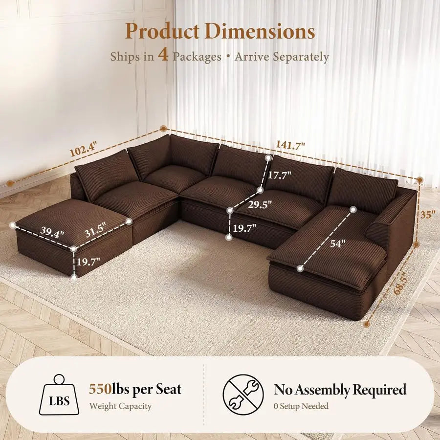 MBVM Corduroy Modular Sectional Sofa With Chaise And Ottoman
