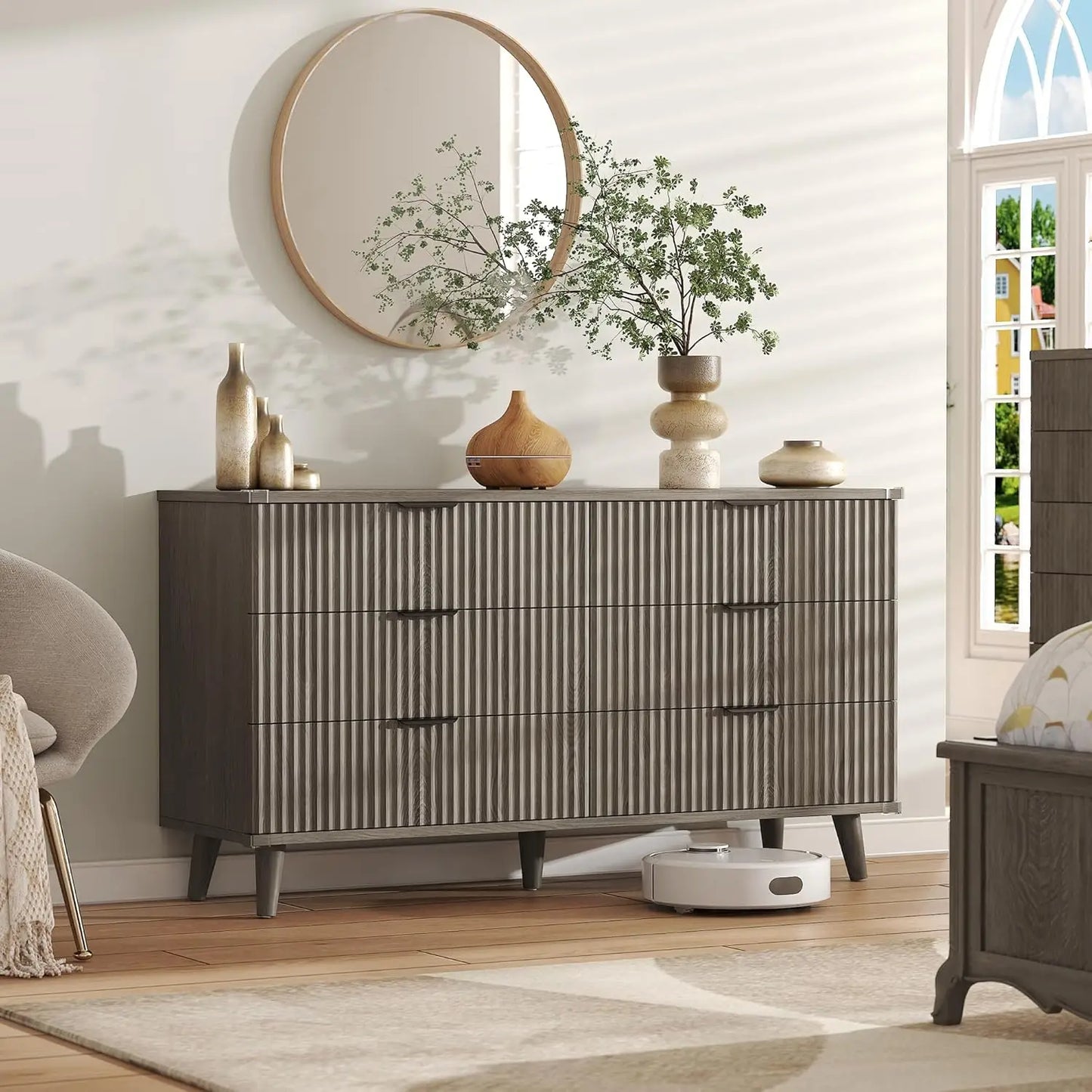 6-Drawer Fluted Wood Dresser Storage Organizer for Bedroom Living Room Closet Hallway 53.2in Dark Grey Oak, Customized