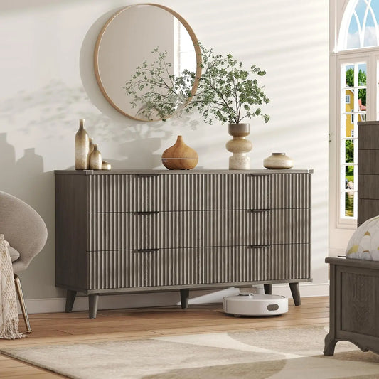 6-Drawer Fluted Wood Dresser Storage Organizer for Bedroom Living Room Closet Hallway 53.2in Dark Grey Oak, Customized