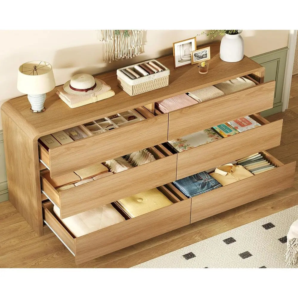 55 Curved Profile 6-Drawer Bedroom Dresser with Chests, Suitable for Natural Wood Finish