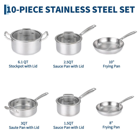 10-Piece Tri-Ply Stainless Steel Cookware Set Heavy Duty Pots And Pans Induction Oven Safe Kitchen Cooking Set