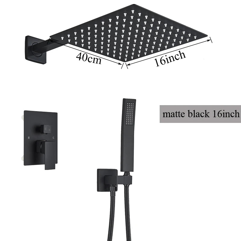 2/3 Way Black In Wall System Faucet For Bathe Bathroom Mixer Tap Rainfall 8/10/12/16inch Concealed Shower Faucet System Tap