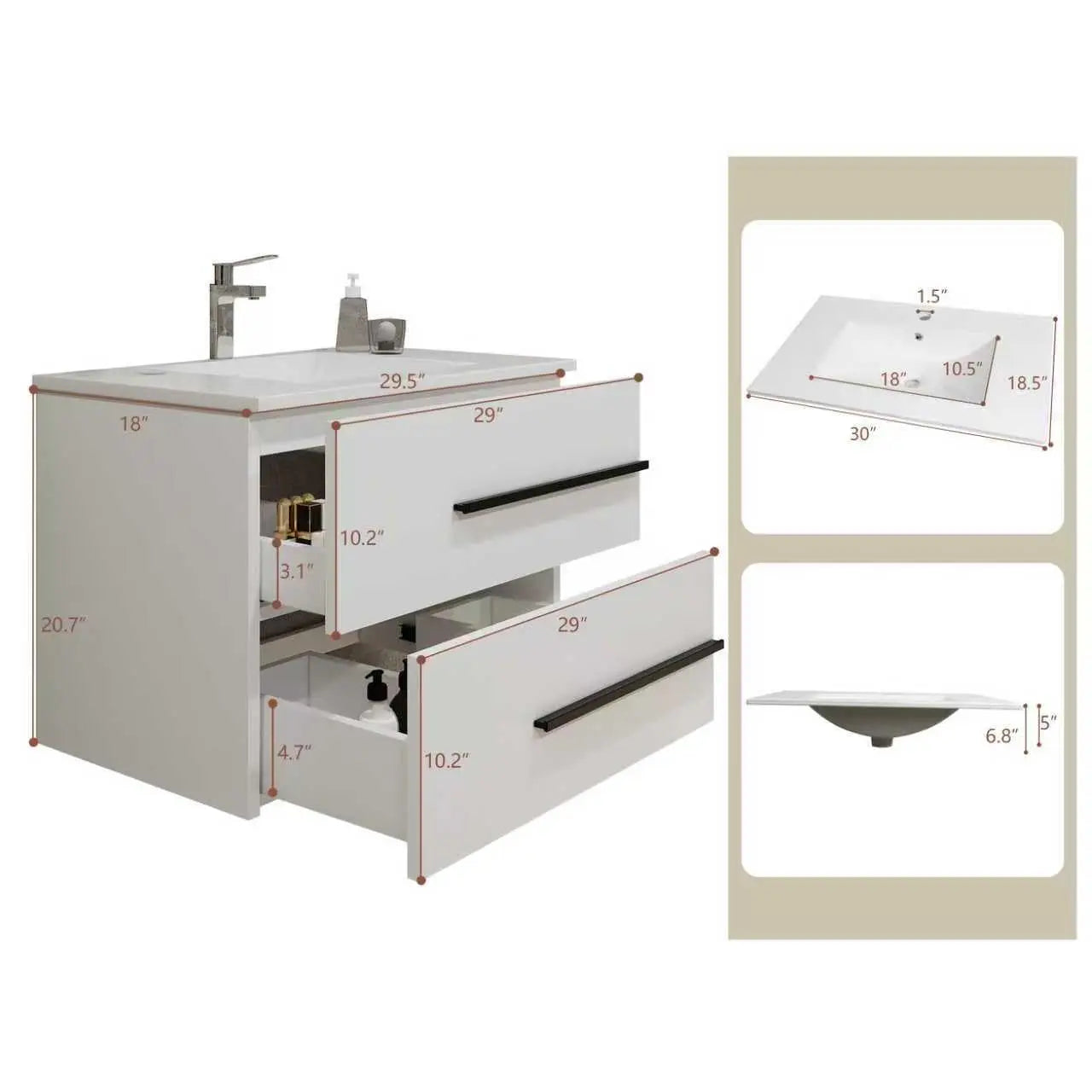 30 Inch Floating Bathroom Vanity - White Modern Wall Mounted Vanity with Sink, Soft-Close Two Drawers, Black, Customized