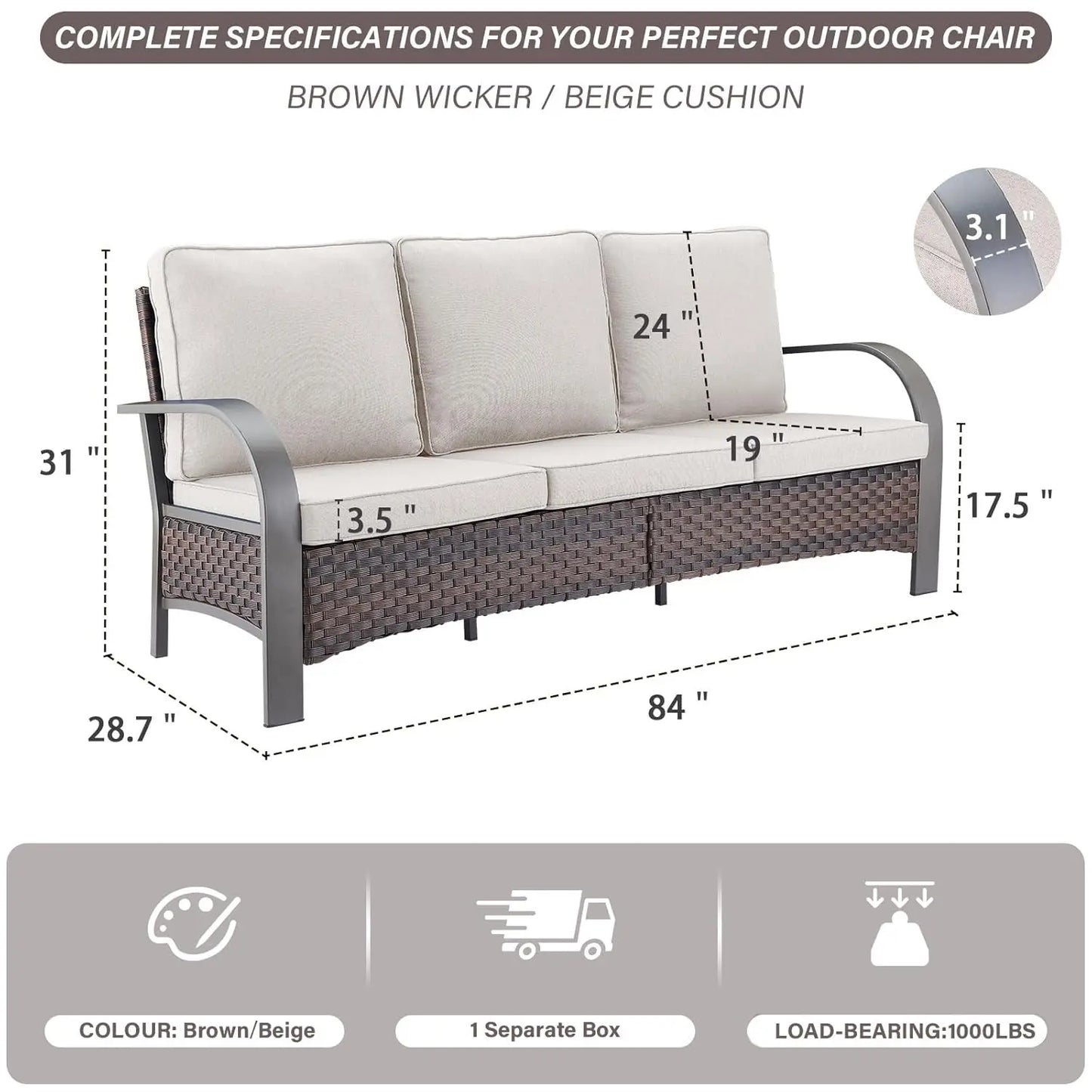 Outdoor Patio Couch - 1000 LBS Weight Capacity Wicker Couch Outdoor Furniture with Deep Seat Hight Backrest 3, Customized