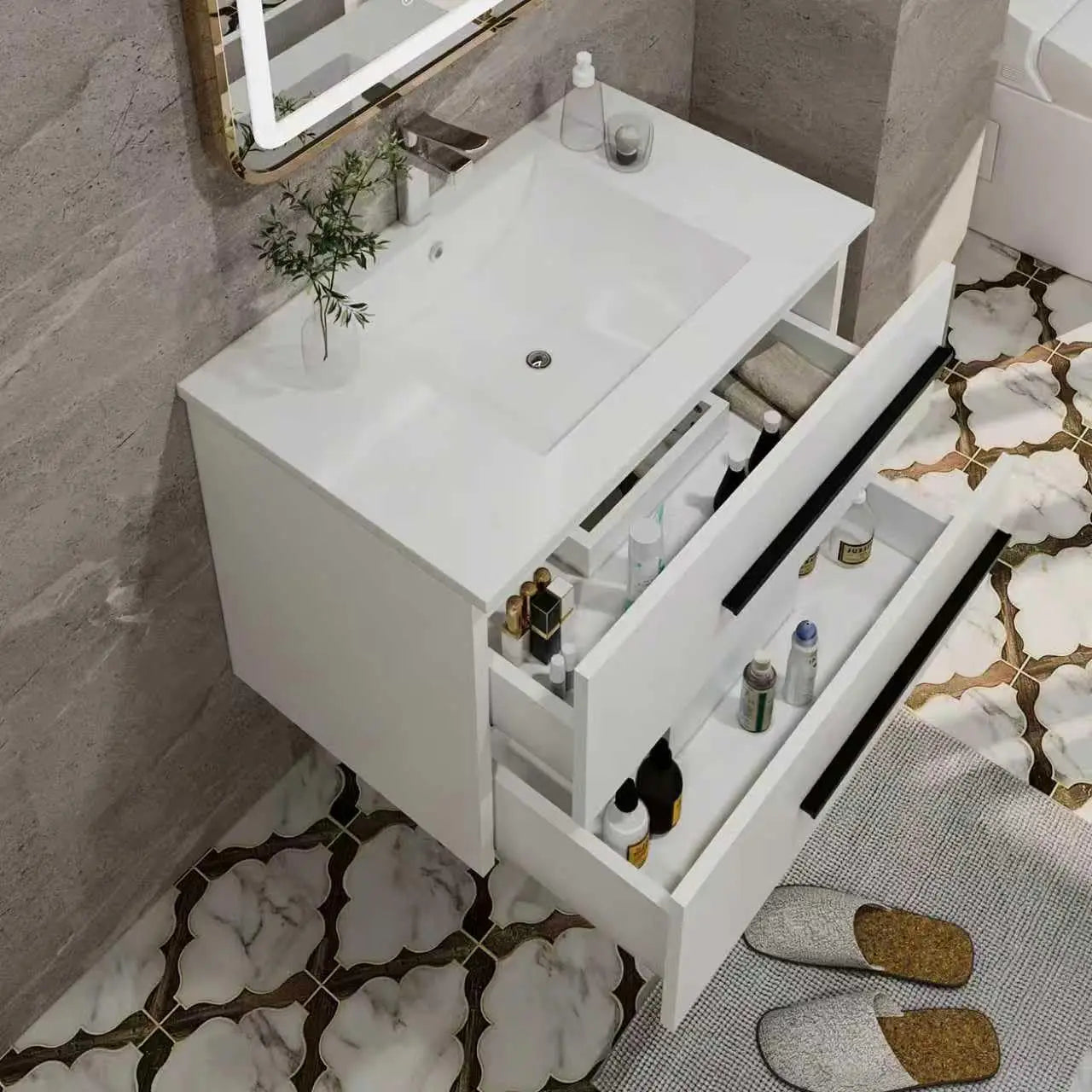 30 Inch Floating Bathroom Vanity - White Modern Wall Mounted Vanity with Sink, Soft-Close Two Drawers, Black, Customized