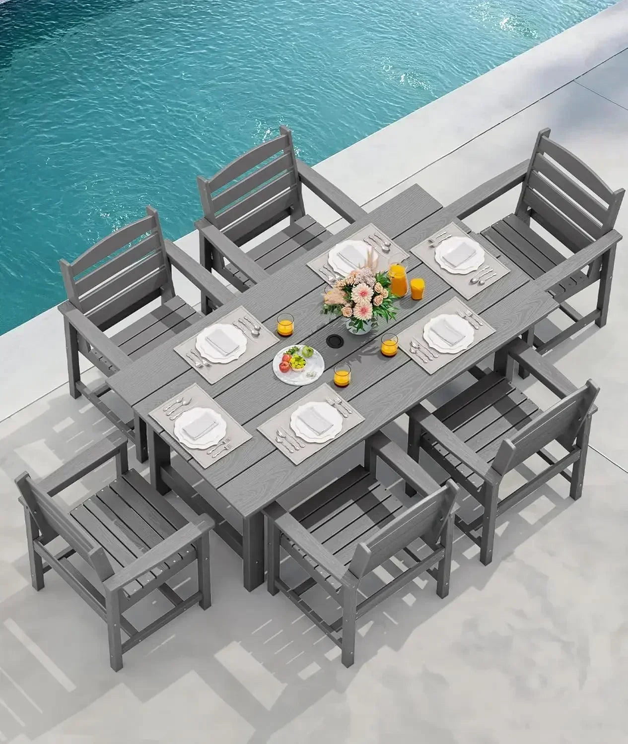 XMSJ 7-Piece Outdoor HDPE Dining Table Set With Umbrella Hole