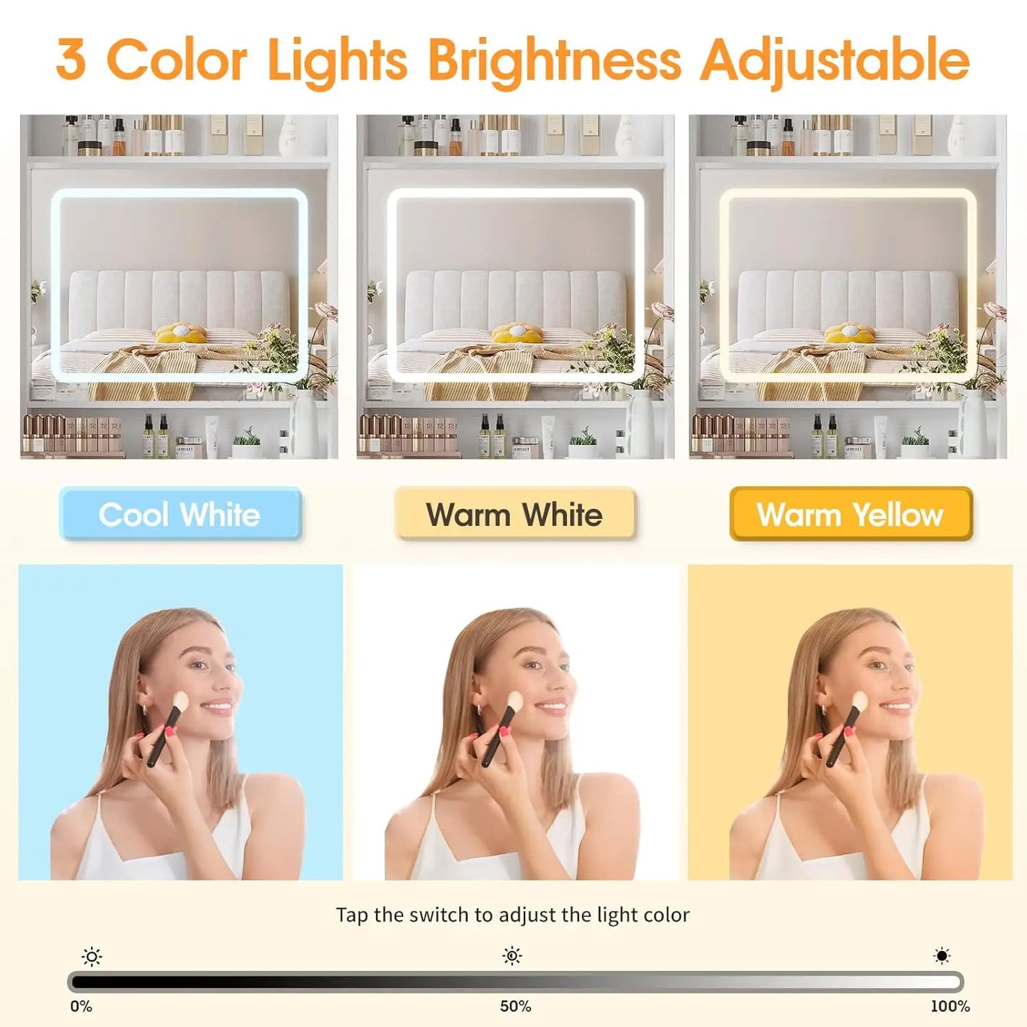 White Vanity Desk with Mirror & Lights Charging Station Small Makeup Table Bedroom, Customized