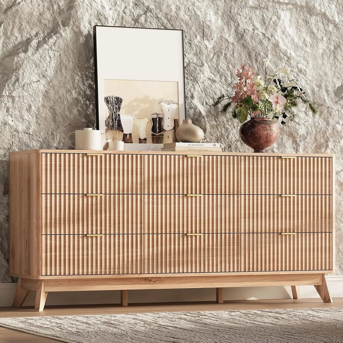 63'' Wide 9 Drawer Dresser Modern Fluted Vertical Chest Rounded Corners Bedroom Living Room Hallway Natural Wood, Customized