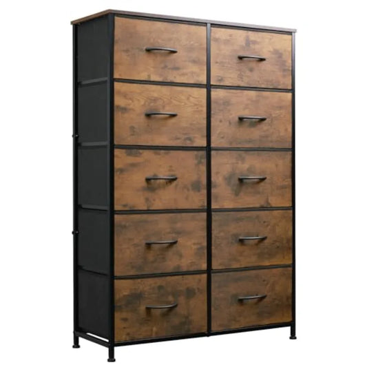 Tall Dresser for Bedroom with 10 Drawers, Fabric Dresser for Closet, Storage Tower with Cabinet, Metal Frame