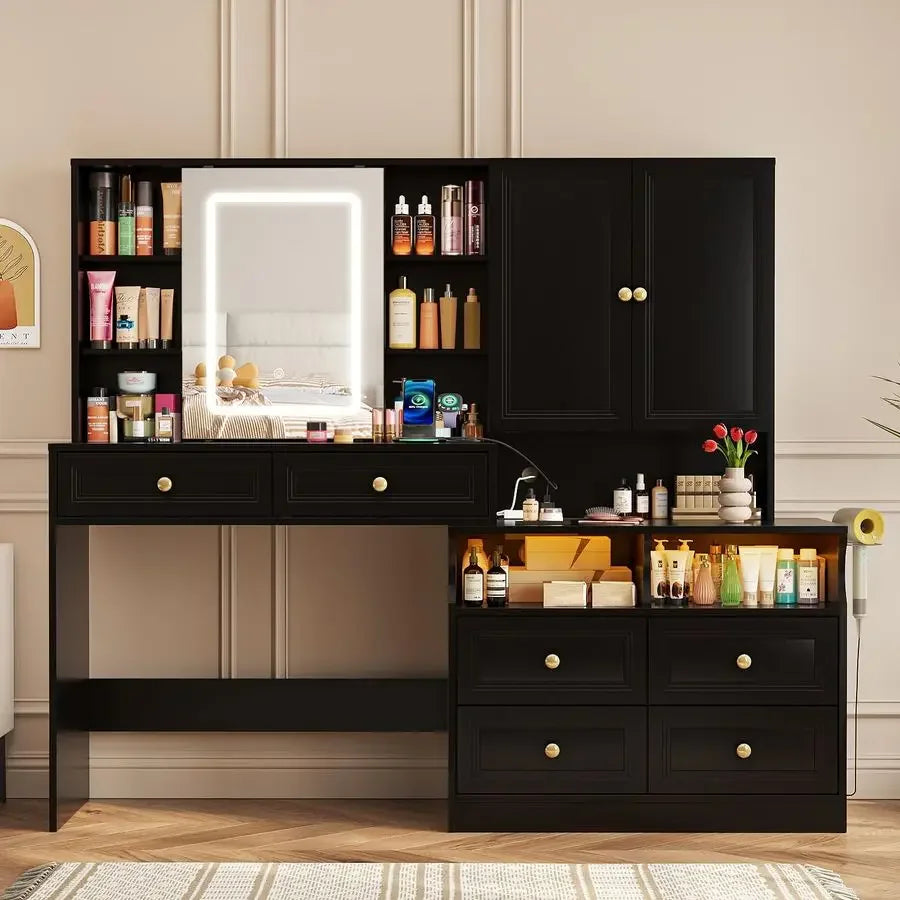 58.6 Large Vanity Desk with Sliding Mirror amp Lights, Black Makeup Vanity Table amp Nightstand Combo with Power Outlet and 6 D