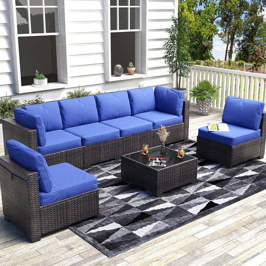 HiMISS 7-Piece PE Rattan Patio Set Cushions and Glass Table