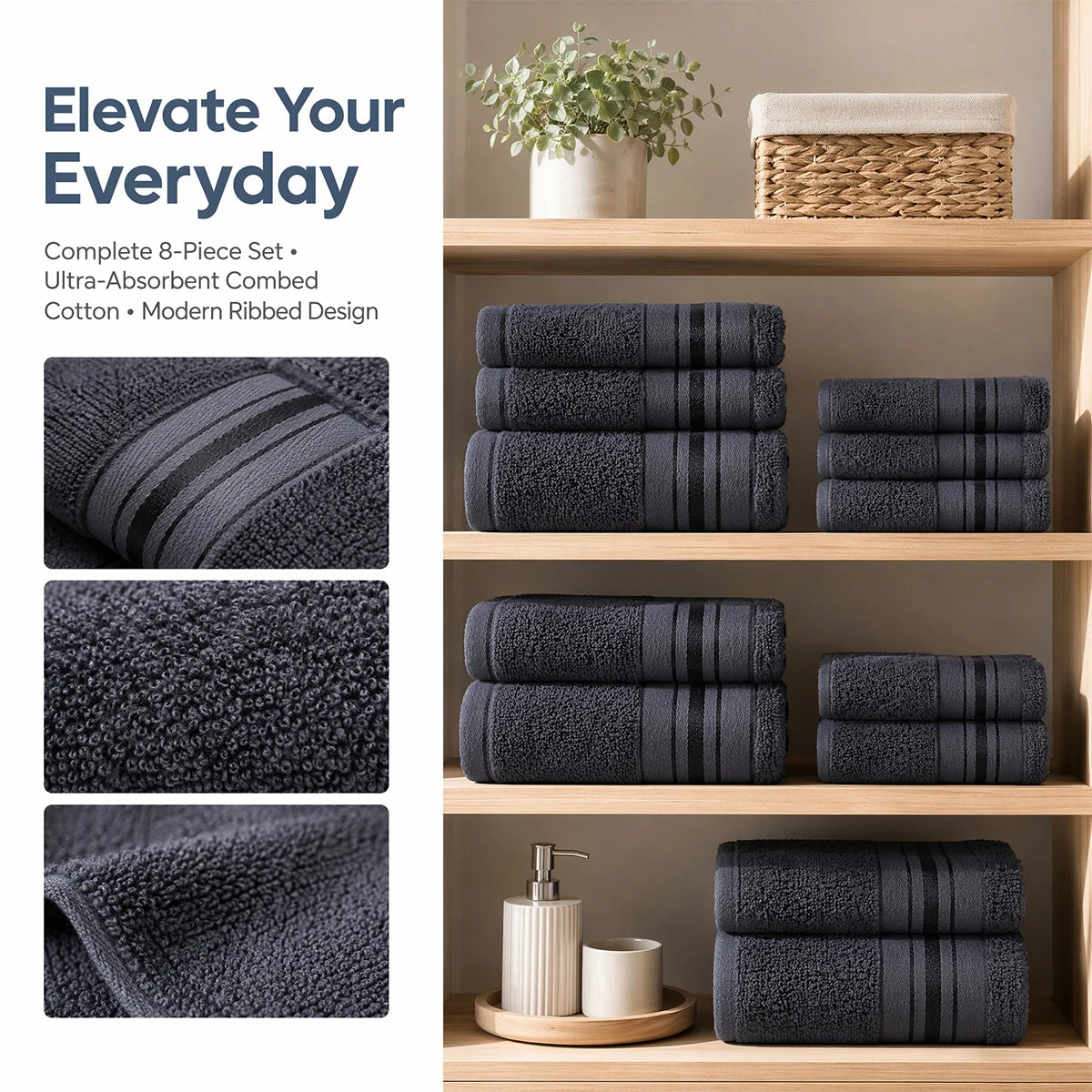 Eight Piece Luxury 100 Percent Cotton Towel Set Absorbent Bath